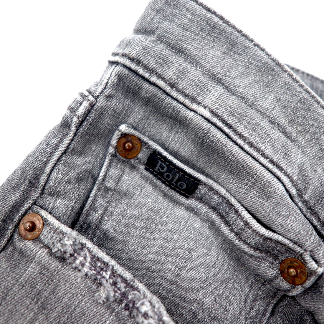 Polo Ralph Lauren distressed skinny jeans, denim pants, size 30, grey, cotton, stretch, leather patch, zipper fly, made in Turkey