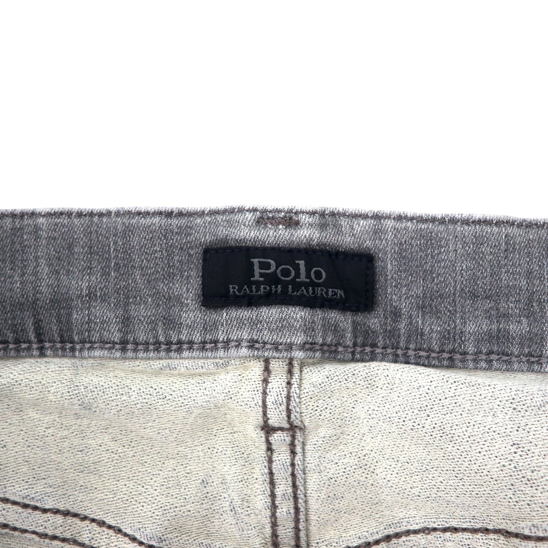 Polo Ralph Lauren distressed skinny jeans, denim pants, size 30, grey, cotton, stretch, leather patch, zipper fly, made in Turkey