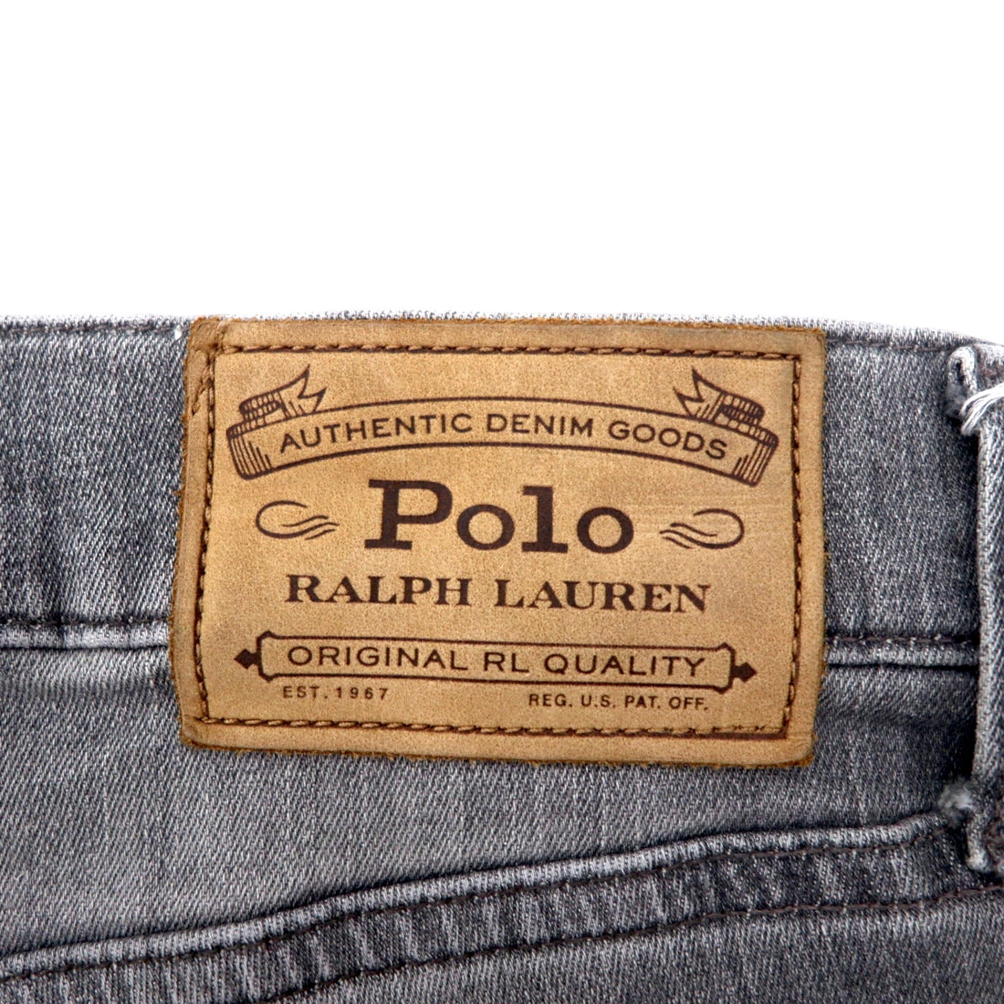 Polo Ralph Lauren distressed skinny jeans, denim pants, size 30, grey, cotton, stretch, leather patch, zipper fly, made in Turkey