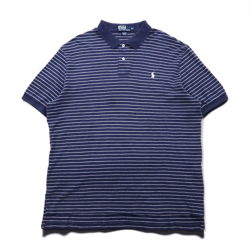 Polo by Ralph Lauren 90s Striped Polo Shirt, XL, Navy Cotton, Small Pony Embroidery