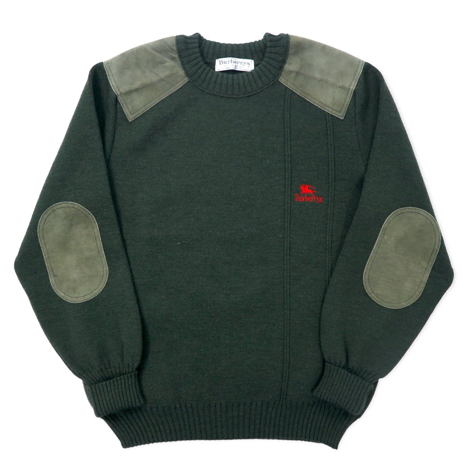 日本然リトテ-古着オンライン-Burberrys イングランド製 オールド コマンド ニット セーター L カーキ ウール レザー切り替え エルボーパッチ-Burberrys England Made Vintage Command Knit Sweater L Khaki Wool Leather Switch Elbow Patch