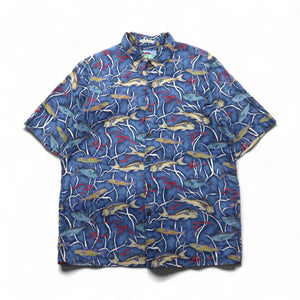 Reyn Spooner 80年代 ハワイ製 ダイアモンドヘッドタグ アロハシャツ L ネイビー コットン EGYPTIAN COTTON 魚モチーフ