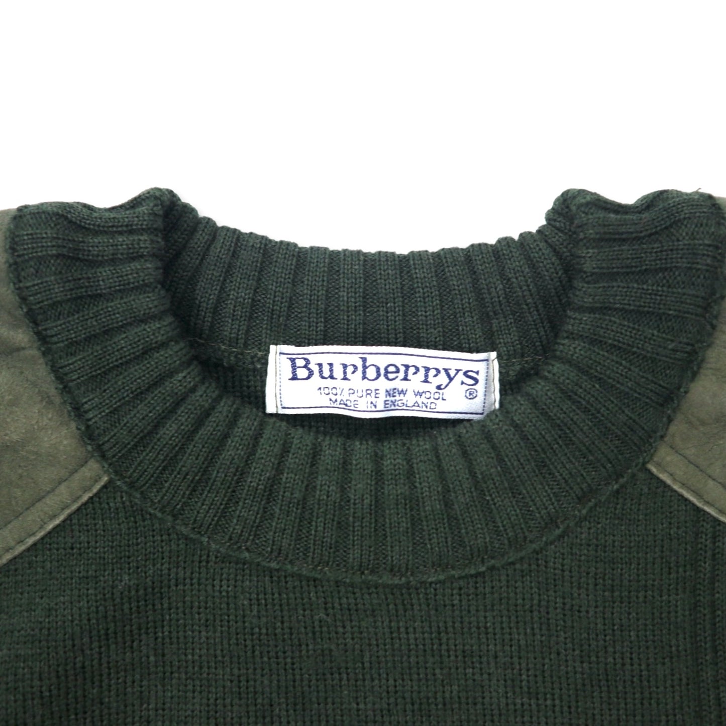 Burberrys イングランド製 オールド コマンド ニット セーター L カーキ ウール レザー切り替え エルボーパッチ