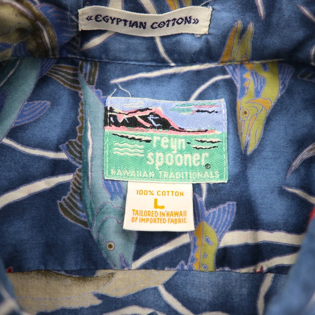 Reyn Spooner 1980s Hawaiian-made Diamond Head Tag Aloha Shirt, Size L, Navy, Egyptian Cotton, Fish Motif
