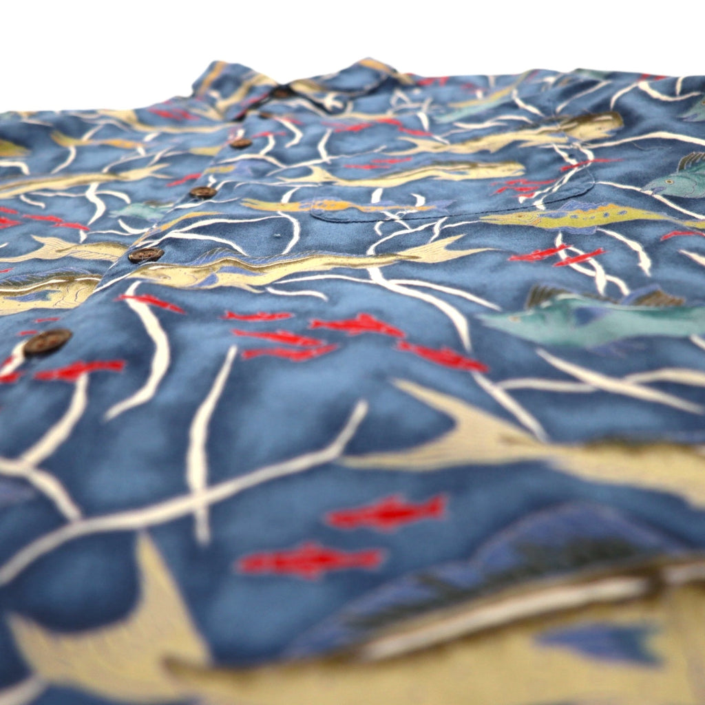 Reyn Spooner 1980s Hawaiian-made Diamond Head Tag Aloha Shirt, Size L, Navy, Egyptian Cotton, Fish Motif