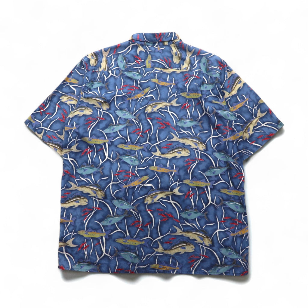 Reyn Spooner 1980s Hawaiian-made Diamond Head Tag Aloha Shirt, Size L, Navy, Egyptian Cotton, Fish Motif
