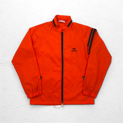 adidas 90年代 デサント社製 ナイロンジャケット ジャージ M オレンジ トレフォイルロゴ刺繍 フード収納式