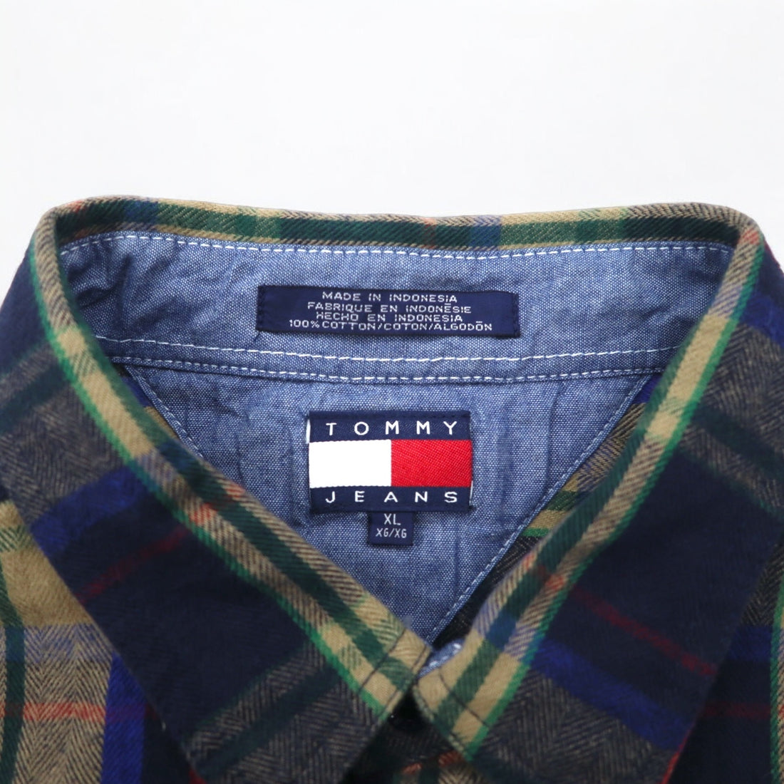 TOMMY JEANS 90s Flannel Shirt XL Navy Check Cotton Snap Button Unused