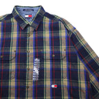 TOMMY JEANS 90s Flannel Shirt XL Navy Check Cotton Snap Button Unused