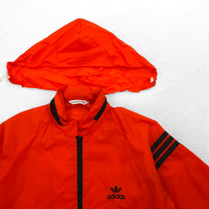 adidas 90年代 デサント社製 ナイロンジャケット ジャージ M オレンジ トレフォイルロゴ刺繍 フード収納式