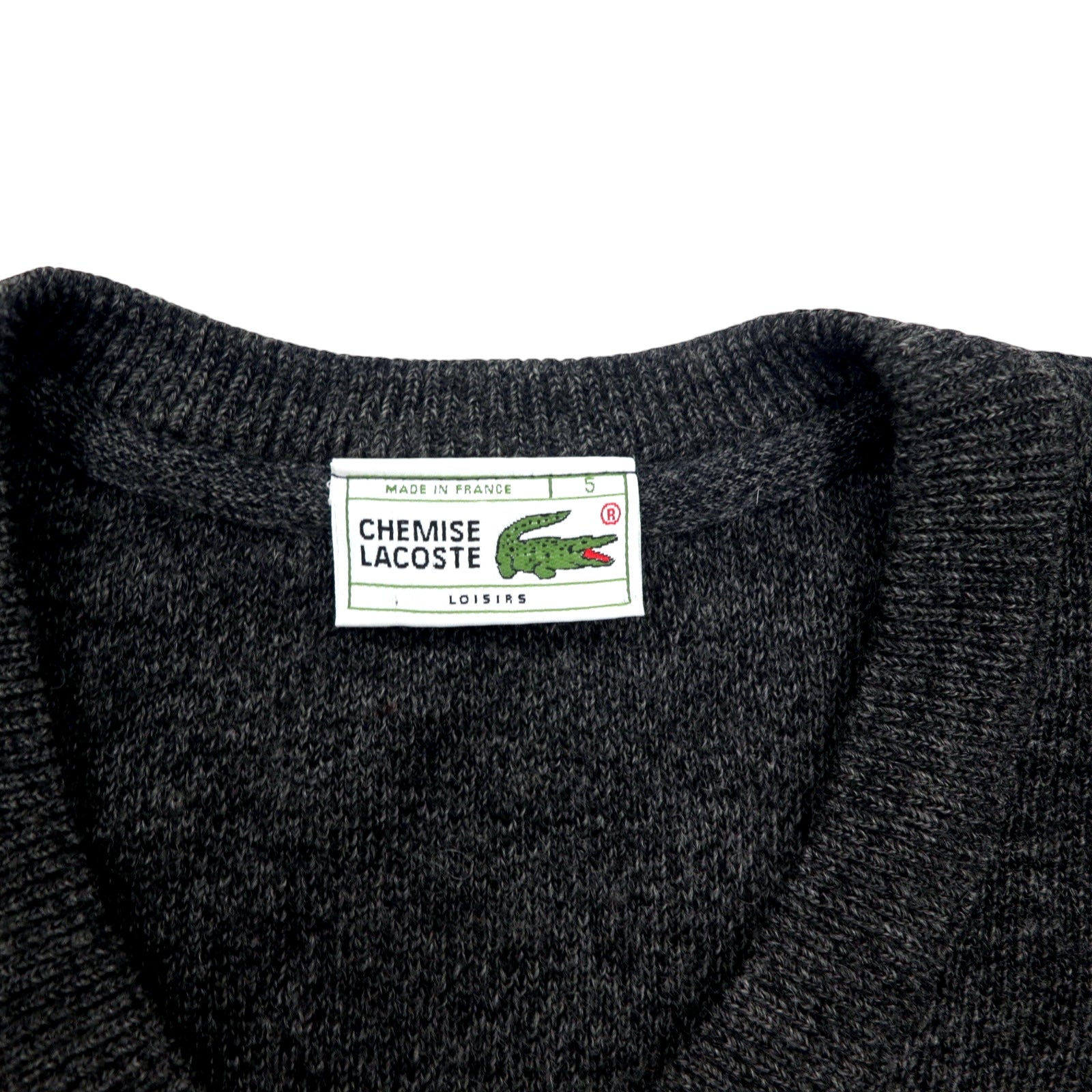 CHEMISE LACOSTE フランス製 80年代 フレンチラコステ Vネック ニット セーター L グレー ウール アクリル LOISIRS ワンポイントロゴ