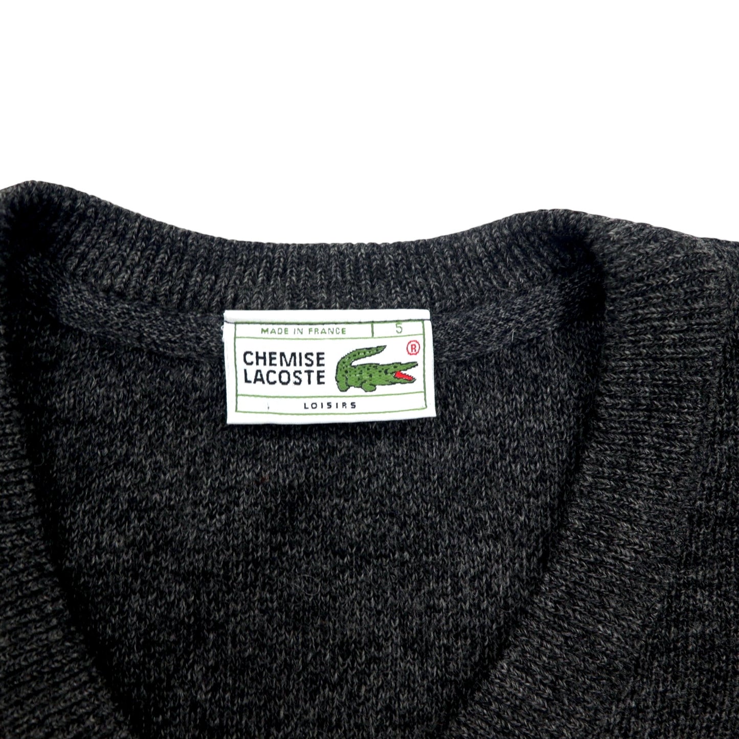 CHEMISE LACOSTE フランス製 80年代 フレンチラコステ Vネック ニット セーター L グレー ウール アクリル LOISIRS ワンポイントロゴ