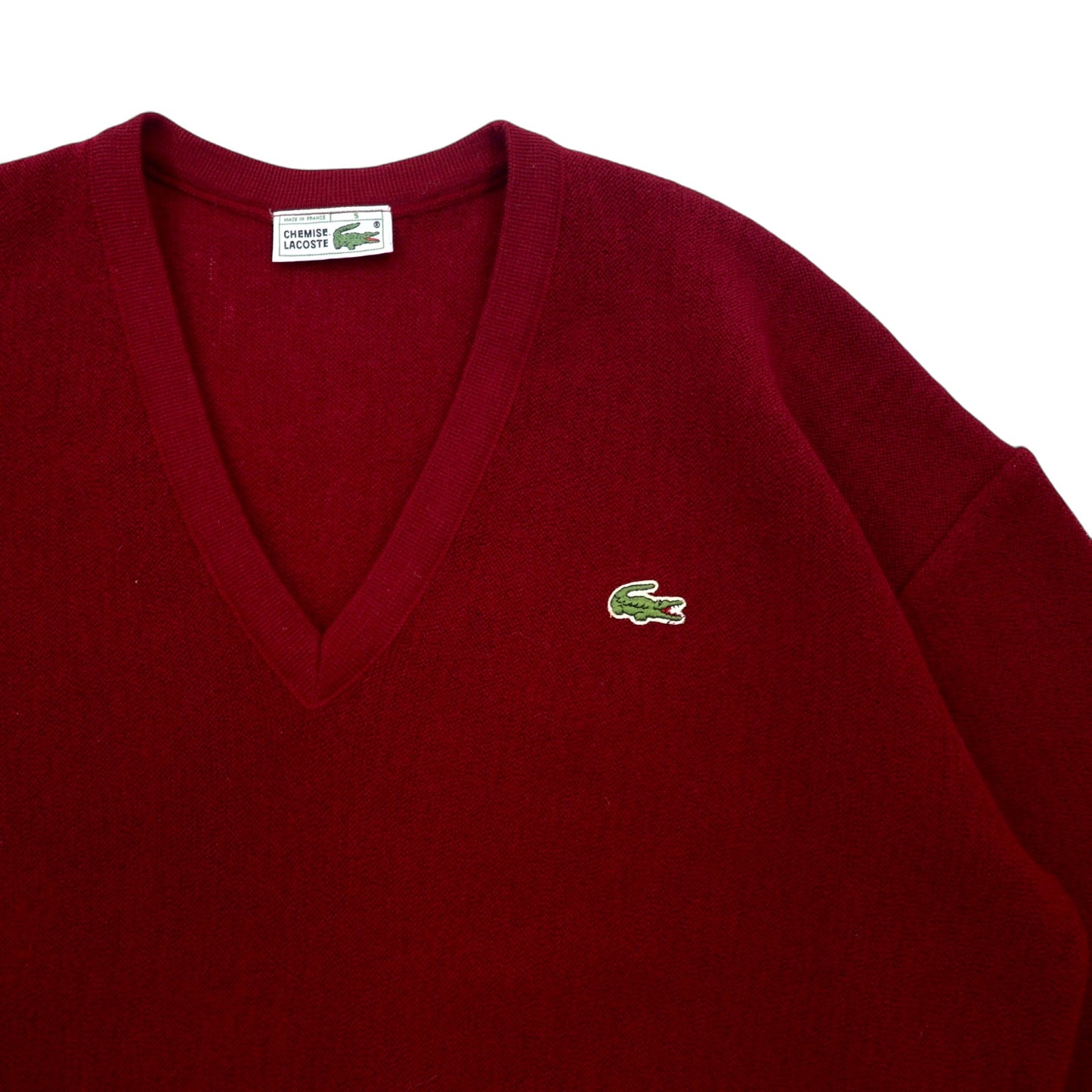 CHEMISE LACOSTE フランス製 80年代 フレンチラコステ Vネック ニット セーター L レッド ウール アクリル ワンポイントロゴ