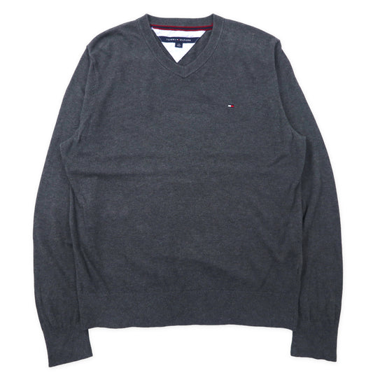 TOMMY HILFIGER Vネックニット セーター L グレー コットン ワンポイントロゴ