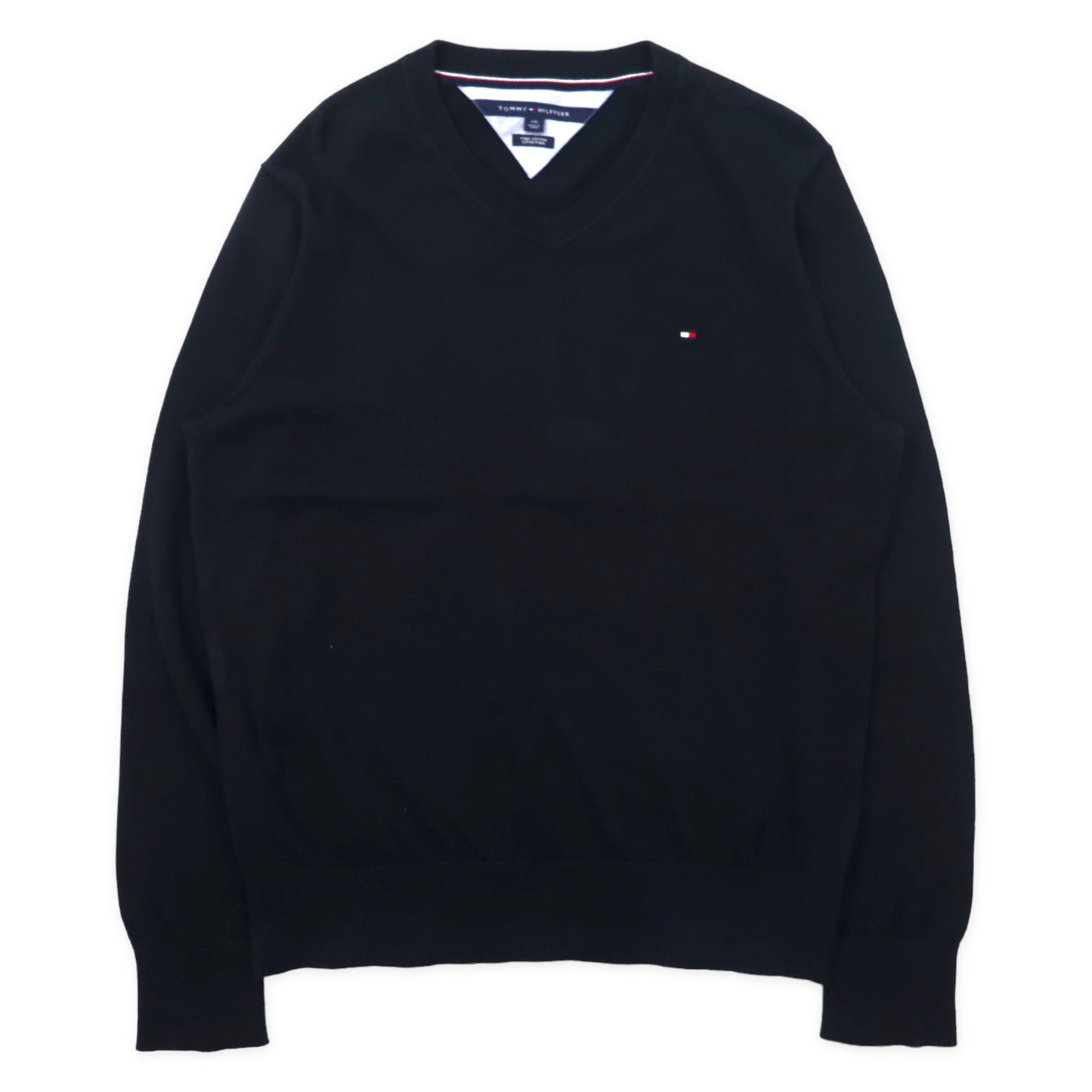 TOMMY HILFIGER Vネックニット セーター L ネイビー ピマコットン ワンポイントロゴ