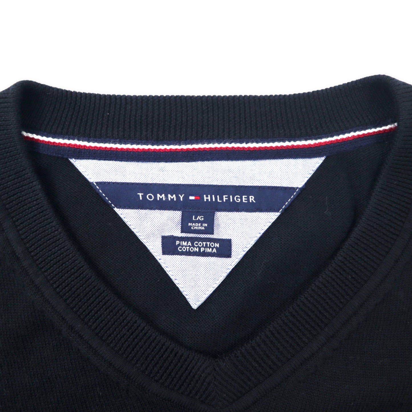 TOMMY HILFIGER Vネックニット セーター L ネイビー ピマコットン ワンポイントロゴ