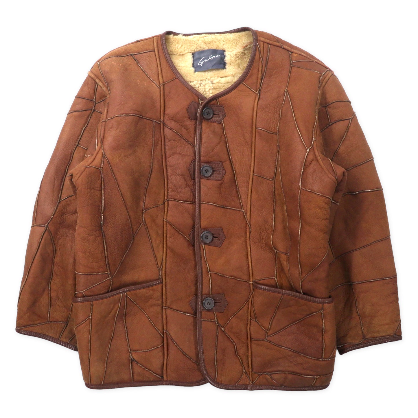 Vintage Mouton Jacket ノーカラー ムートンジャケット カーディガン L ブラウン シープスキン 羊革 ツギハギ パッチワーク