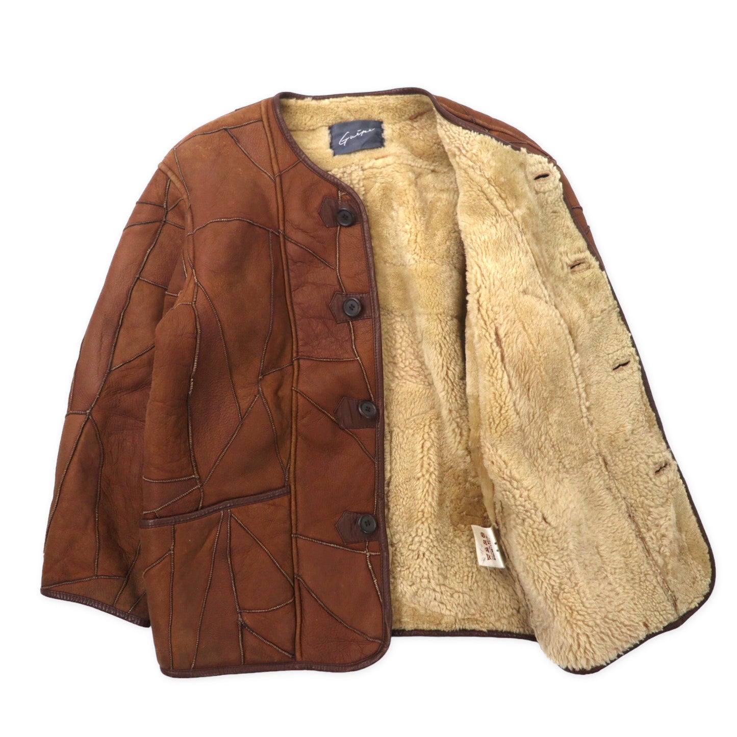 Vintage Mouton Jacket ノーカラー ムートンジャケット カーディガン L ブラウン シープスキン 羊革 ツギハギ パッチワーク