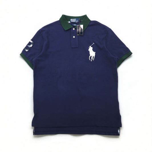 Polo by Ralph Lauren 90年代 ビッグポニー刺繍 ポロシャツ L ネイビー コットン 鹿の子 CUSTOM FIT CLASSICS 未使用品