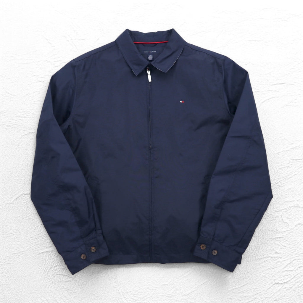 TOMMY HILFIGER Swing Top Harrington Jacket XL Navy Nylon Check Lining One Point Logo Embroidery