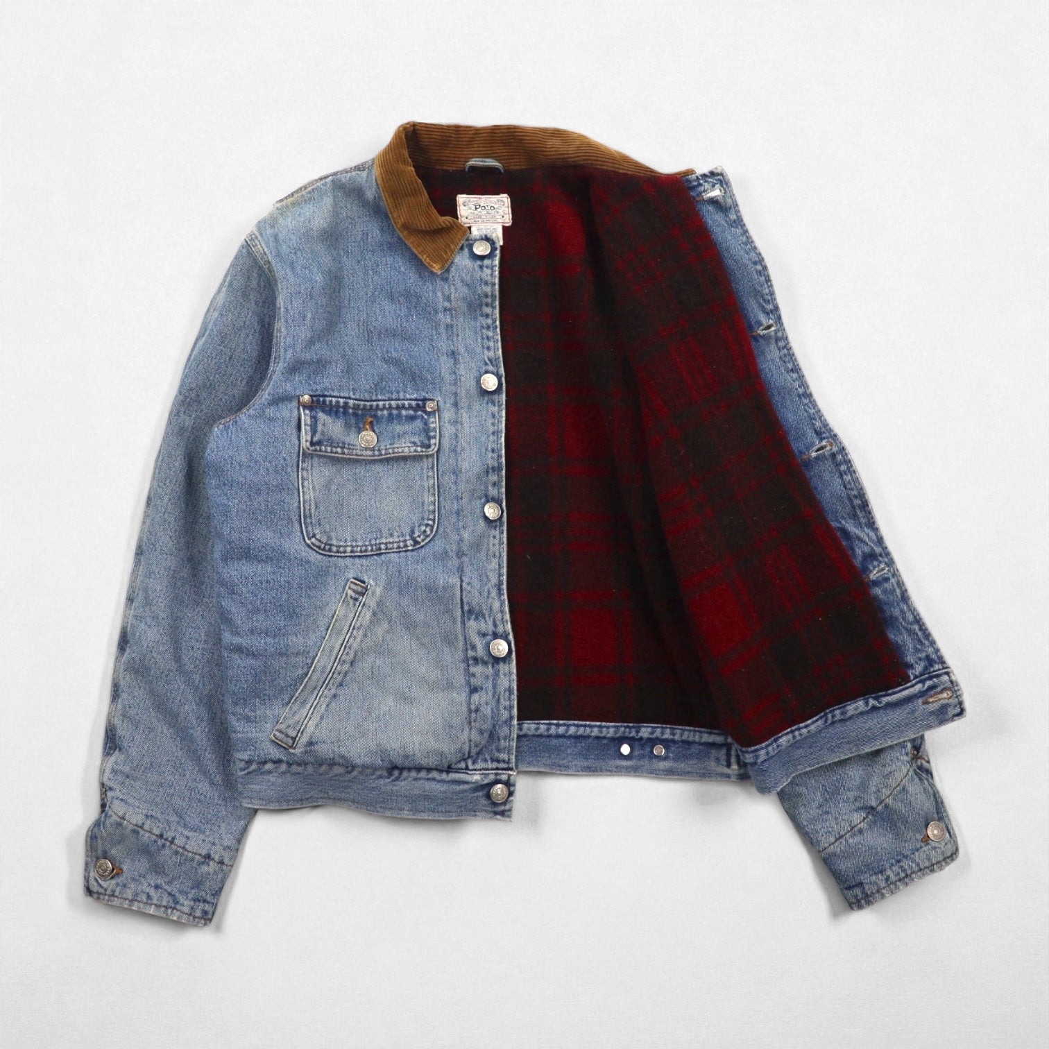 Polo Ralph Lauren 1980s USA-made denim jacket, size XL, indigo, corduroy collar, white tag