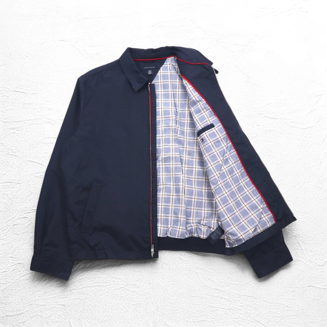 TOMMY HILFIGER Swing Top Harrington Jacket XL Navy Nylon Check Lining One Point Logo Embroidery