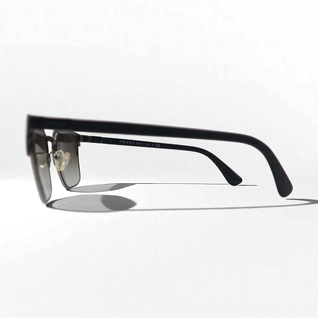 PRADA Wellington Half-Rim Sunglasses, Black/Gunmetal, SPR61S, Size 55◻21, Made in Italy