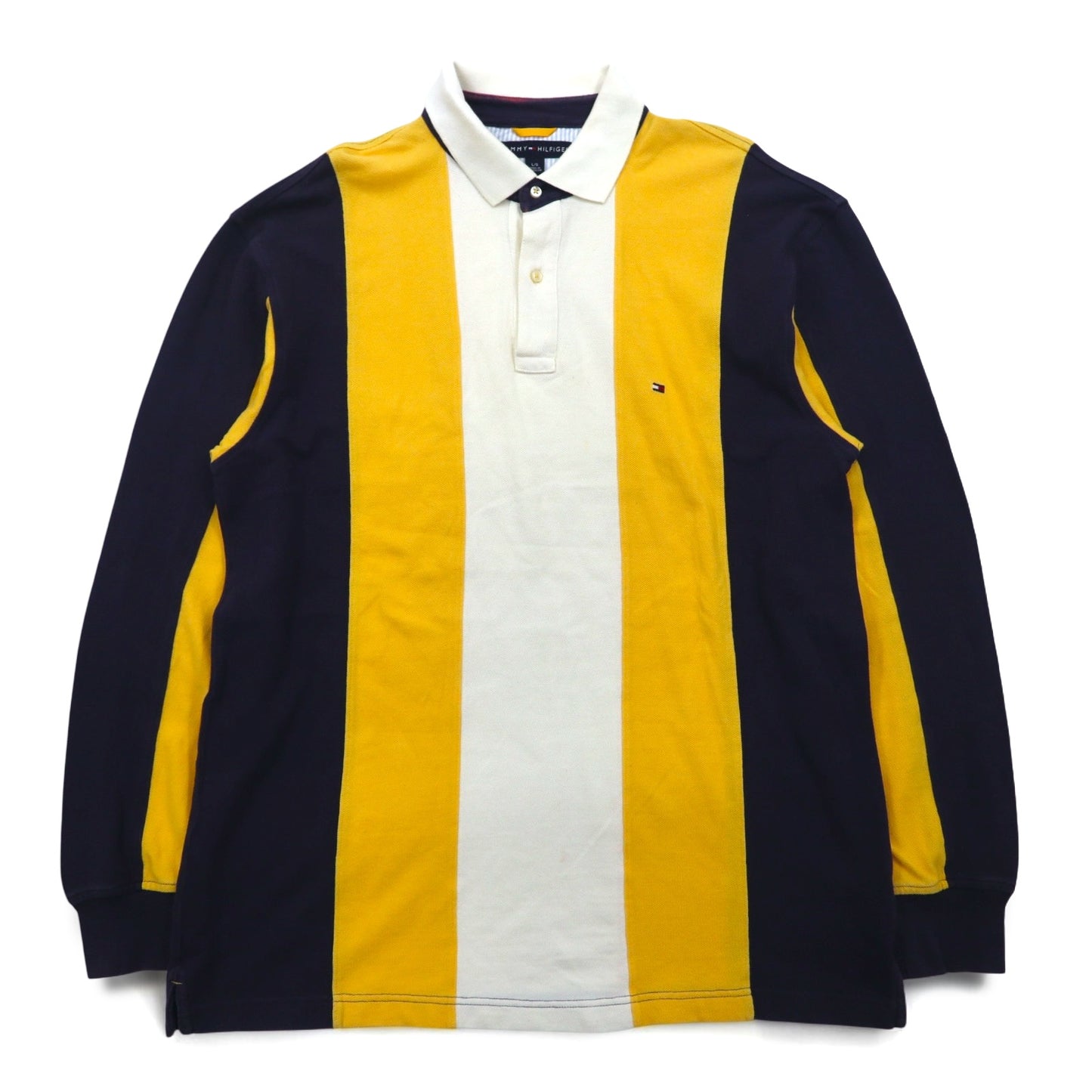 TOMMY HILFIGER ラガーシャツ L イエロー ネイビー ストライプ コットン