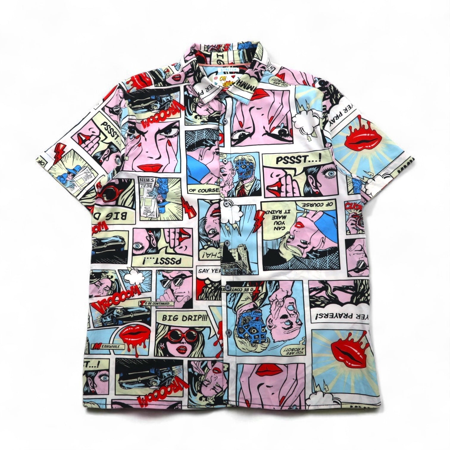 OH SNAP BY DRILL CLOTHING Co. American Comic Short Sleeve Shirt, Size L, Multicolor, All-Over Print, Pop Art, Stretch