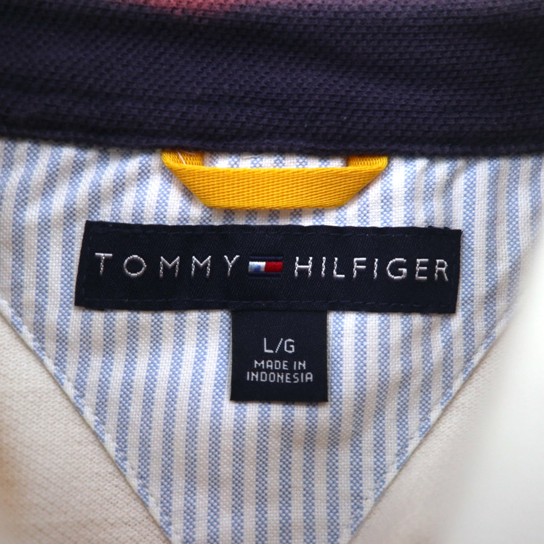 TOMMY HILFIGER Rugby Shirt L Yellow Navy Striped Cotton
