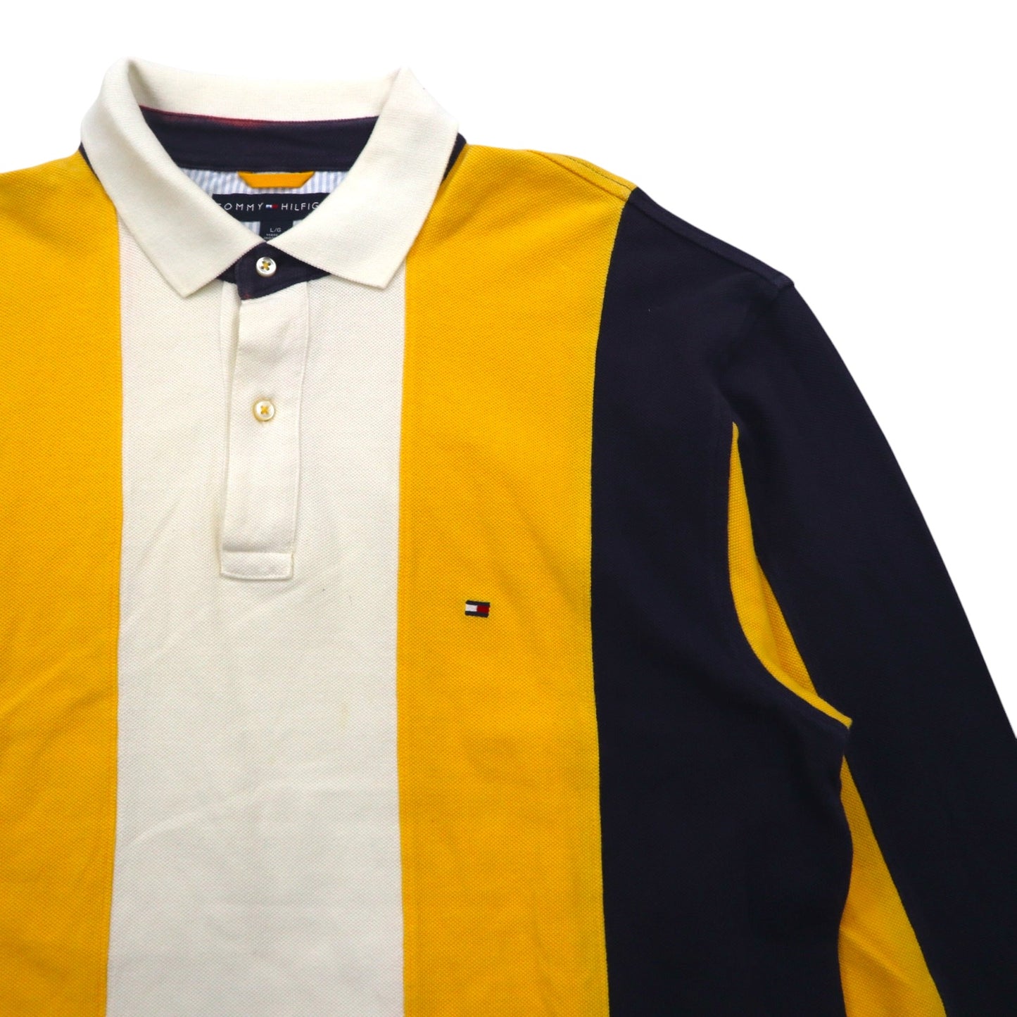TOMMY HILFIGER ラガーシャツ L イエロー ネイビー ストライプ コットン