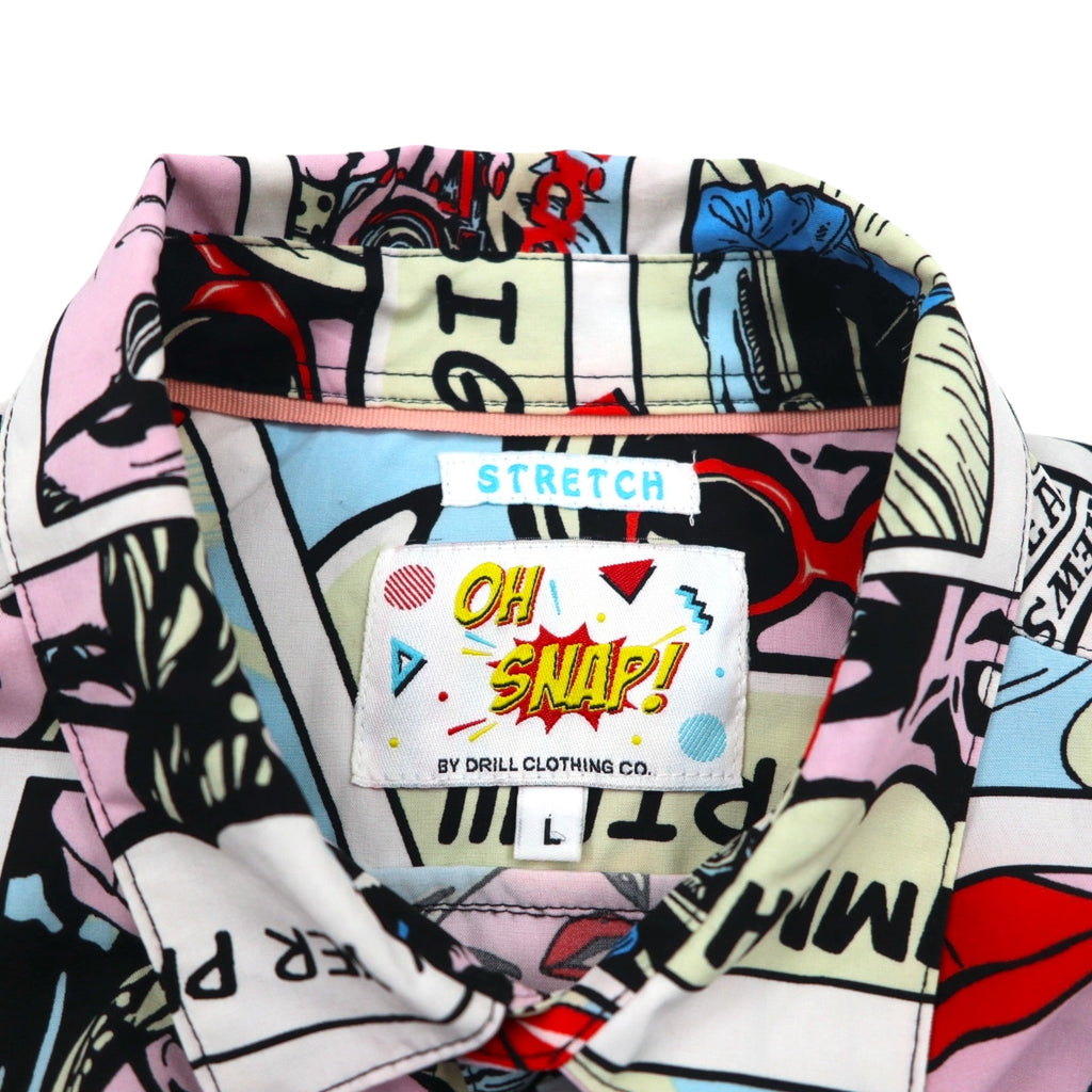 OH SNAP BY DRILL CLOTHING Co. American Comic Short Sleeve Shirt, Size L, Multicolor, All-Over Print, Pop Art, Stretch