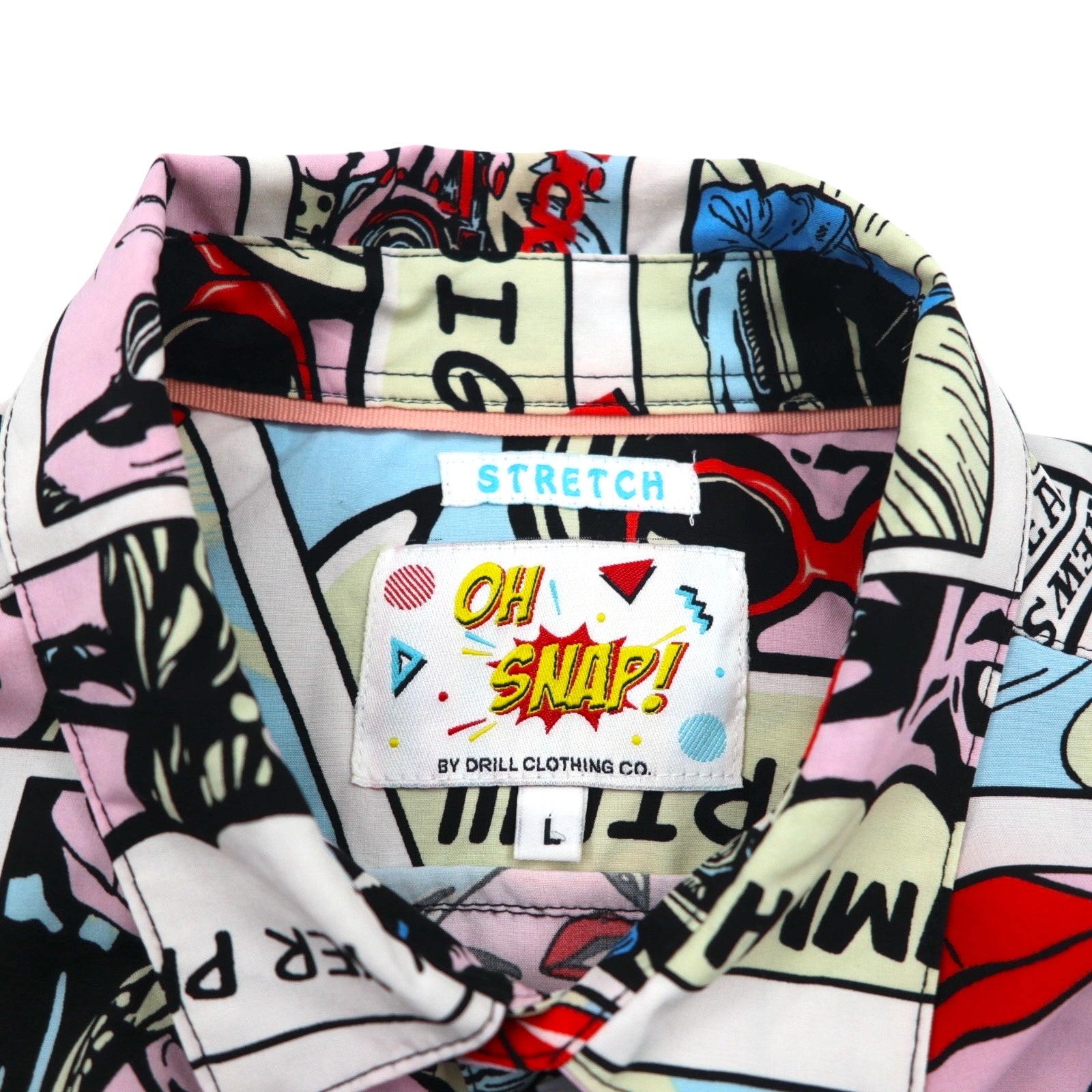 OH SNAP BY DRILL CLOTHING Co. American Comic Short Sleeve Shirt, Size L, Multicolor, All-Over Print, Pop Art, Stretch