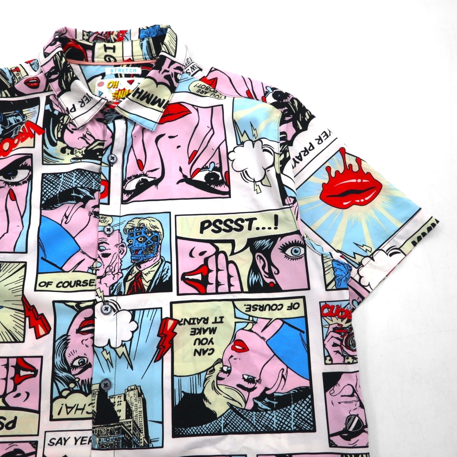 OH SNAP BY DRILL CLOTHING Co. American Comic Short Sleeve Shirt, Size L, Multicolor, All-Over Print, Pop Art, Stretch
