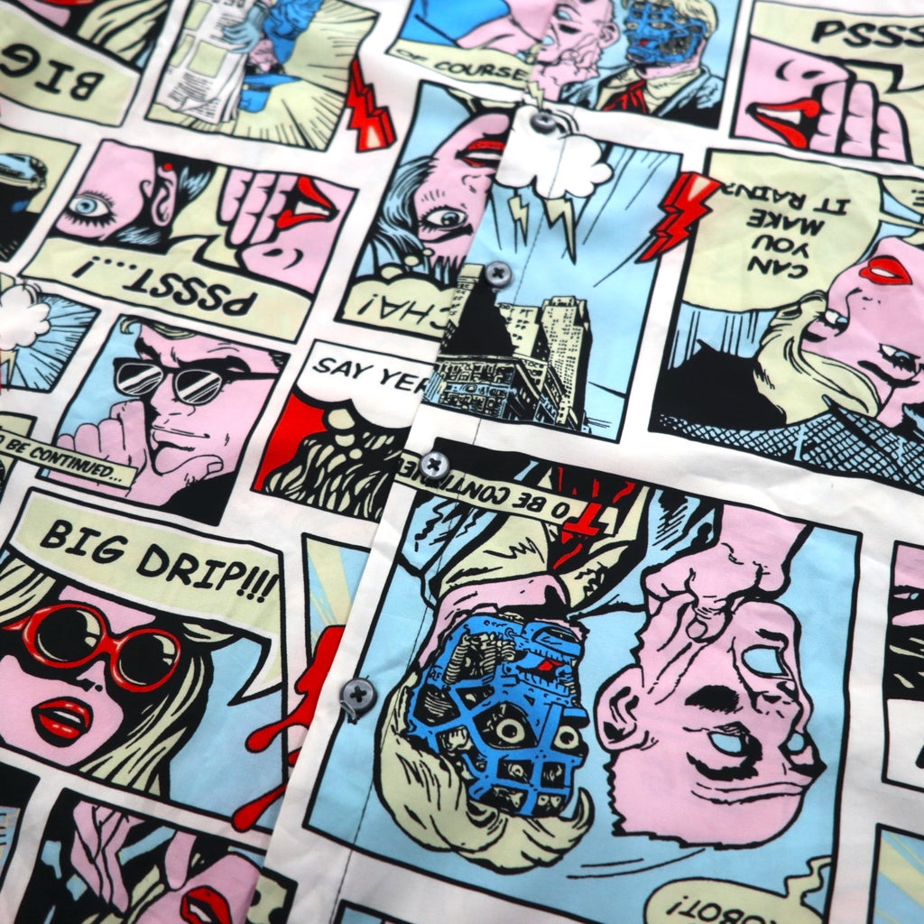 OH SNAP BY DRILL CLOTHING Co. American Comic Short Sleeve Shirt, Size L, Multicolor, All-Over Print, Pop Art, Stretch