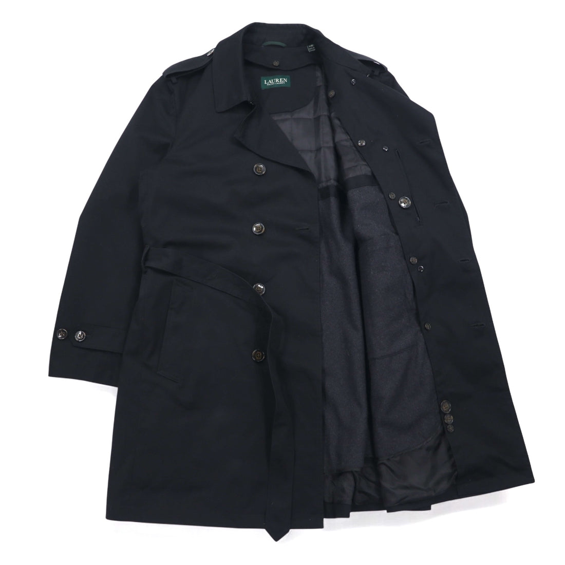 LAUREN RALPH LAUREN Trench Coat XL Black Removable Quilted Liner with Belt Water Repellent