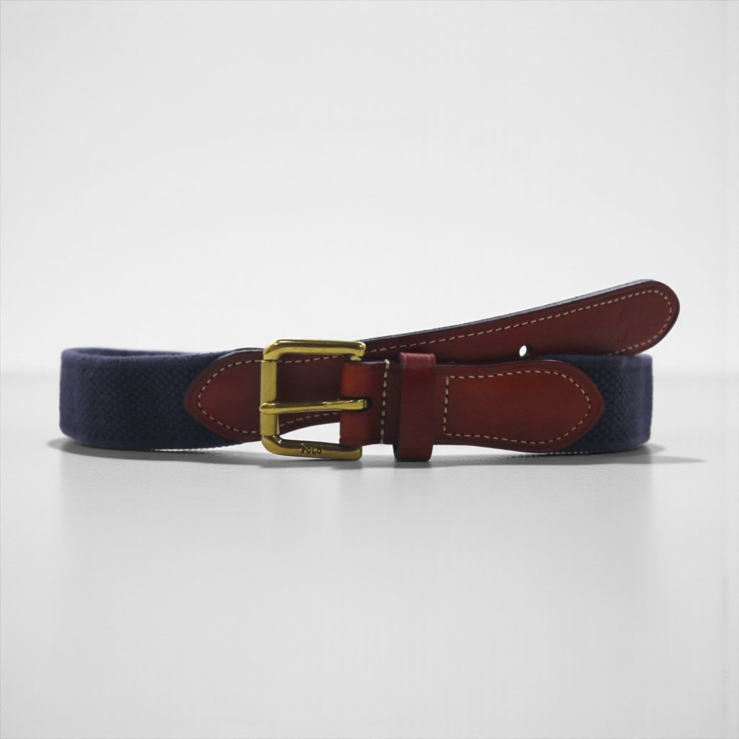 Polo Ralph Lauren navy leather belt with stretch gold brass buckle