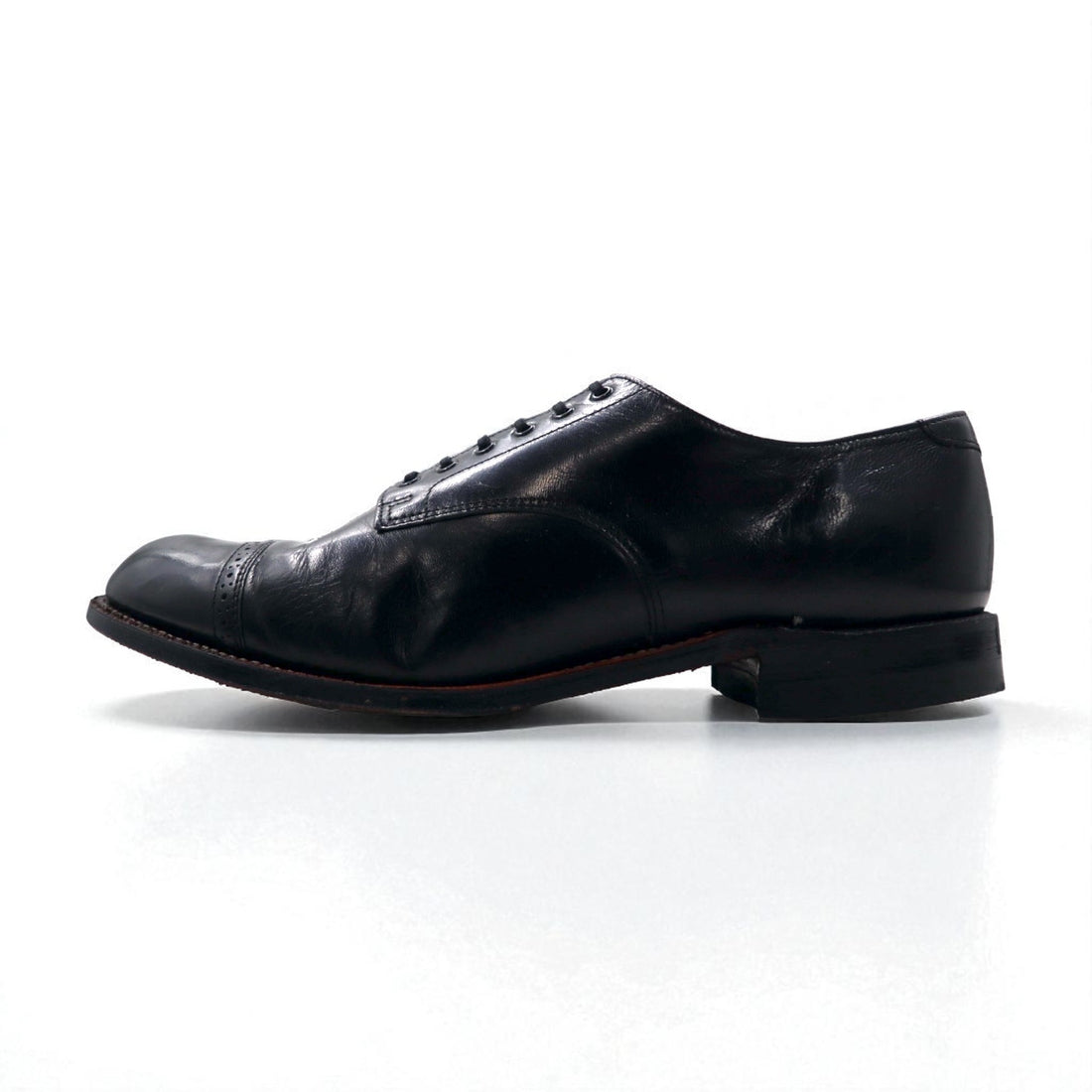 STACY ADAMS 1980s Made in USA MADISON Punched Cap Toe Dress Shoes, Size 27.5cm, Black Leather, Kidskin, 453044