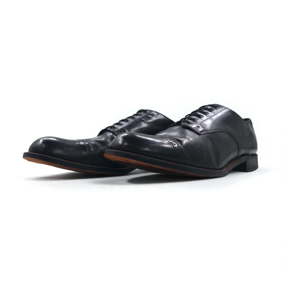 STACY ADAMS 1980s Made in USA MADISON Punched Cap Toe Dress Shoes, Size 27.5cm, Black Leather, Kidskin, 453044
