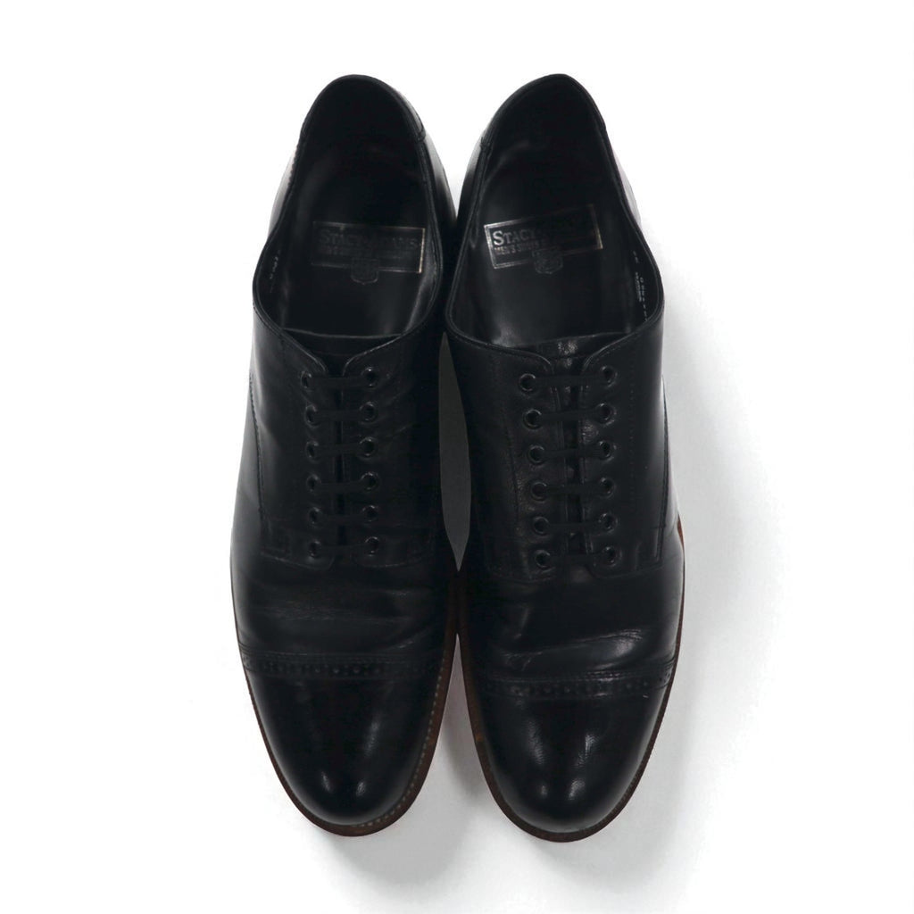 STACY ADAMS 1980s Made in USA MADISON Punched Cap Toe Dress Shoes, Size 27.5cm, Black Leather, Kidskin, 453044