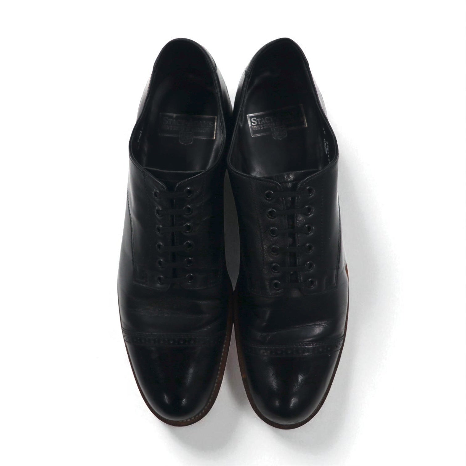 STACY ADAMS 1980s Made in USA MADISON Punched Cap Toe Dress Shoes, Size 27.5cm, Black Leather, Kidskin, 453044