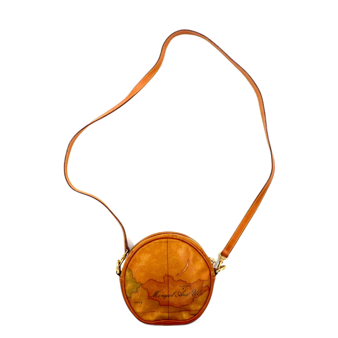 PRIMA CLASSE Made in Italy Round Shoulder Bag Pochette Beige Leather PVC World Map Pattern Round Shape