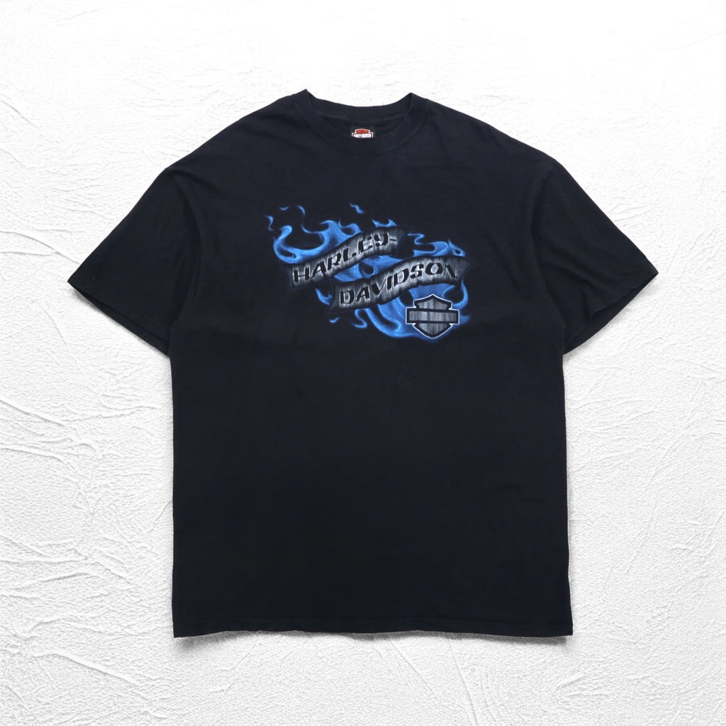 HARLEY DAVIDSON 00年代 USA製 ブルー ファイヤーパターン 両面プリント Tシャツ 2XL ブラック SOMERSET ビッグサイズ