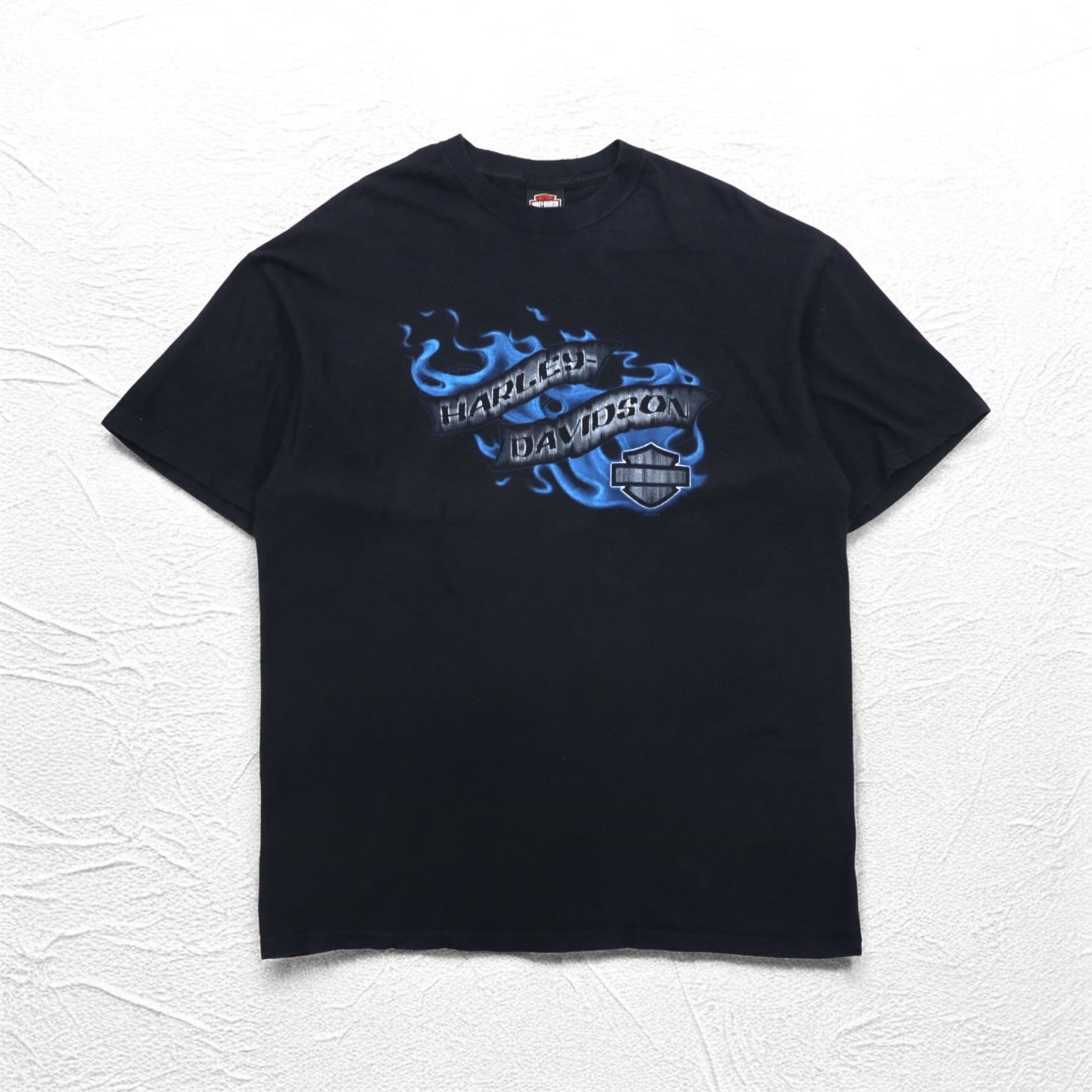 HARLEY DAVIDSON 00年代 USA製 ブルー ファイヤーパターン 両面プリント Tシャツ 2XL ブラック SOMERSET ビッグサイズ