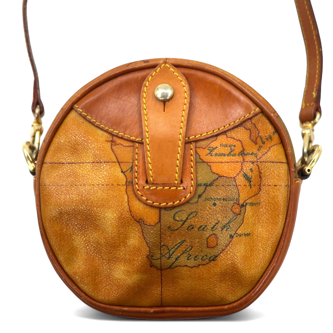 PRIMA CLASSE Made in Italy Round Shoulder Bag Pochette Beige Leather PVC World Map Pattern Round Shape
