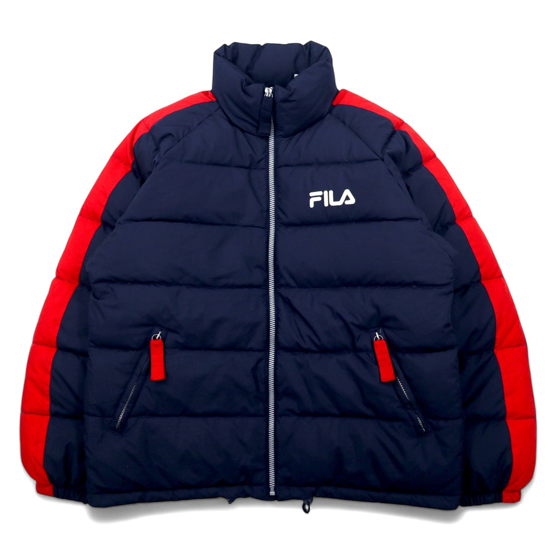日本然リトテ-古着オンライン-FILA 90年代 ダウンジャケット M ネイビー ポリエステル サイドライン ワンポイントロゴ 刺繍-FILA 90's Puffer Jacket M Navy Polyester Side Line One Point Logo Embroidery
