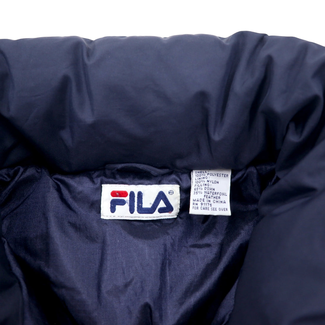 FILA 90s Down Jacket M Navy Polyester Side Line One Point Logo Embroidery