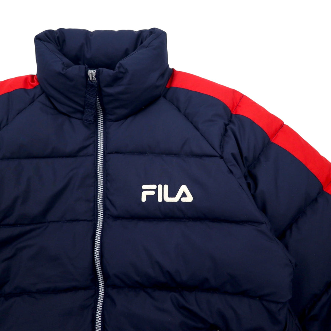 FILA 90s Down Jacket M Navy Polyester Side Line One Point Logo Embroidery