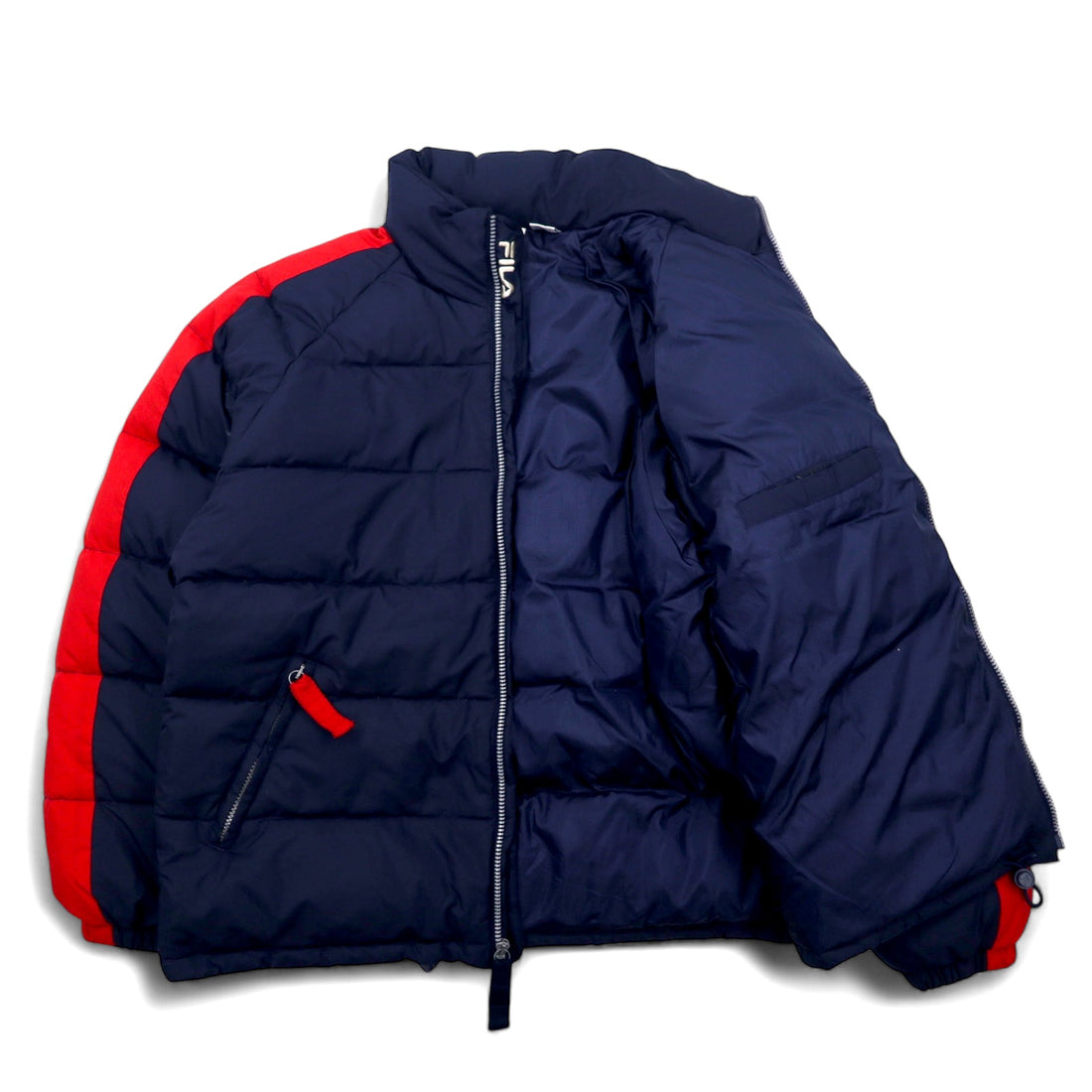 FILA 90s Down Jacket M Navy Polyester Side Line One Point Logo Embroidery