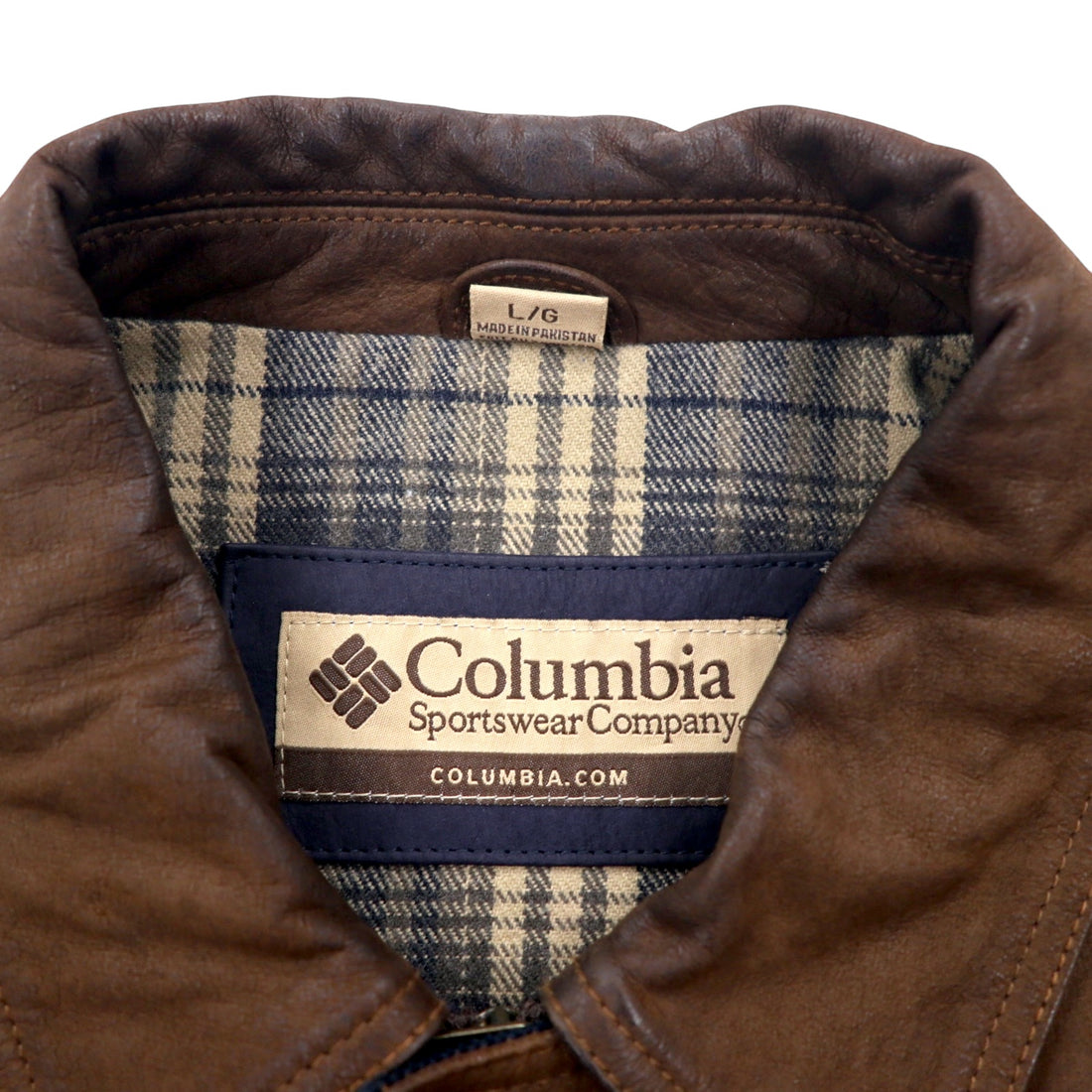 Columbia 90s Leather Car Coat, Large, Brown, Check Lining, Made in Pakistan